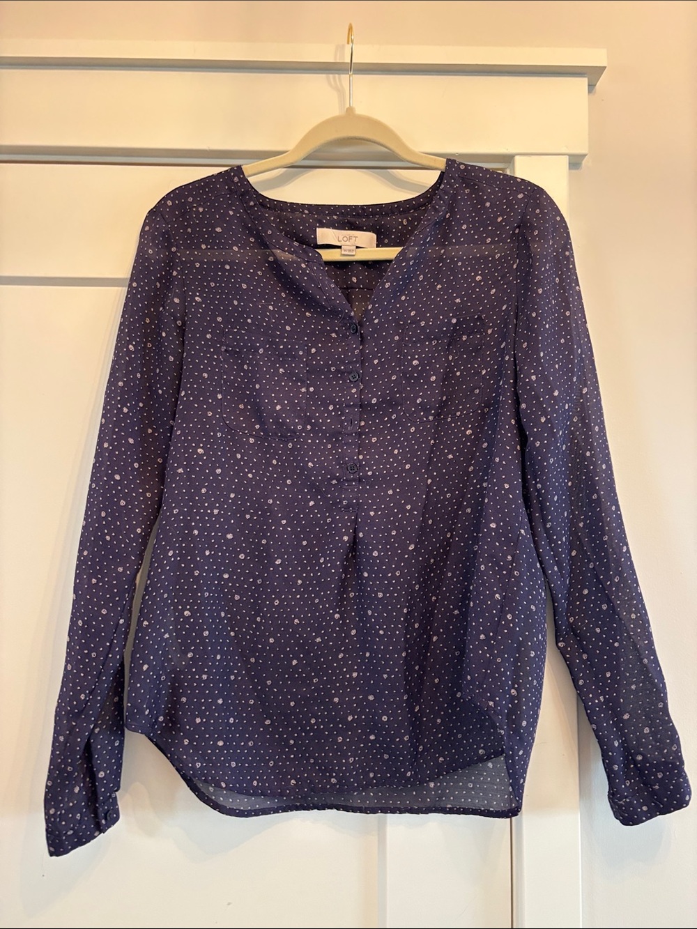 LOFT Purple Navy Abstract Geometric Dot Print Long Sleeve Henley Blouse